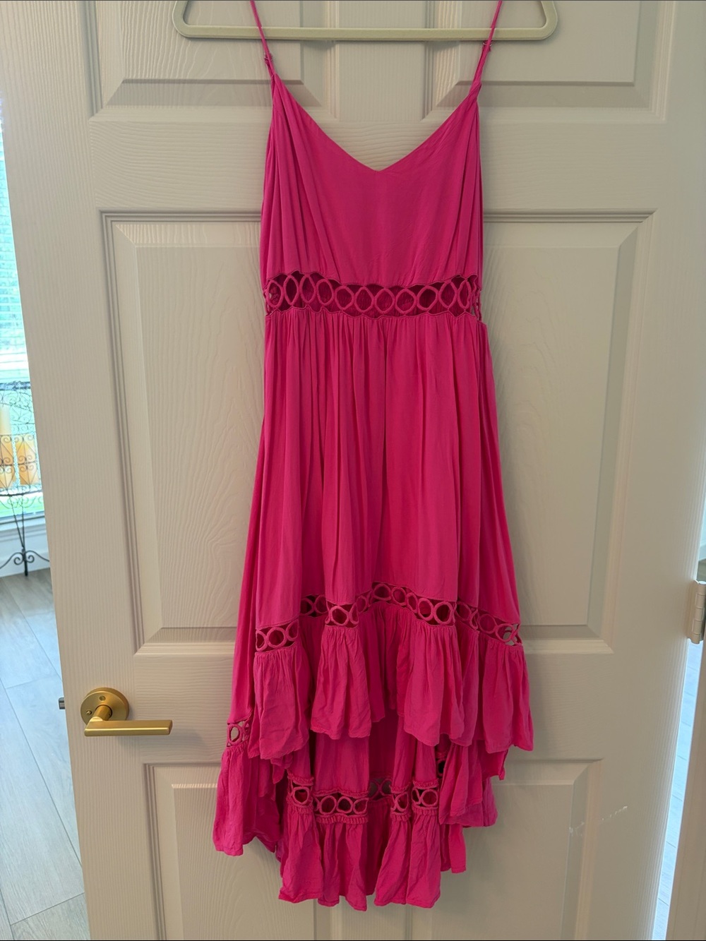 Bright Pink Spaghetti Strap Maxi Dress with Cutout Trim has short lining
